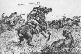 Indios cazando guanacos, en primer término, un puma