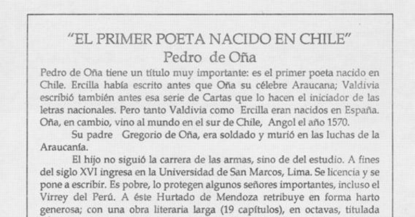 Pedro de Oña : el primer poeta nacido en Chile