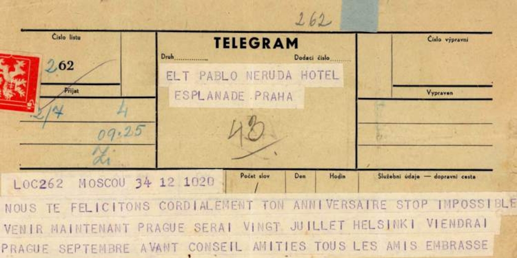 [Telegrama], 1971 Moscú, URSS <a> Pablo Neruda [manuscrito]