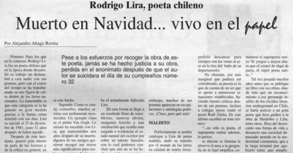 Rodrigo Lira, poeta chileno : muerto en Navidad, vivo en el papel