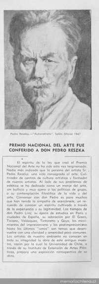 Premio Nacional de Arte fue conferido a Don Pedro Reszka