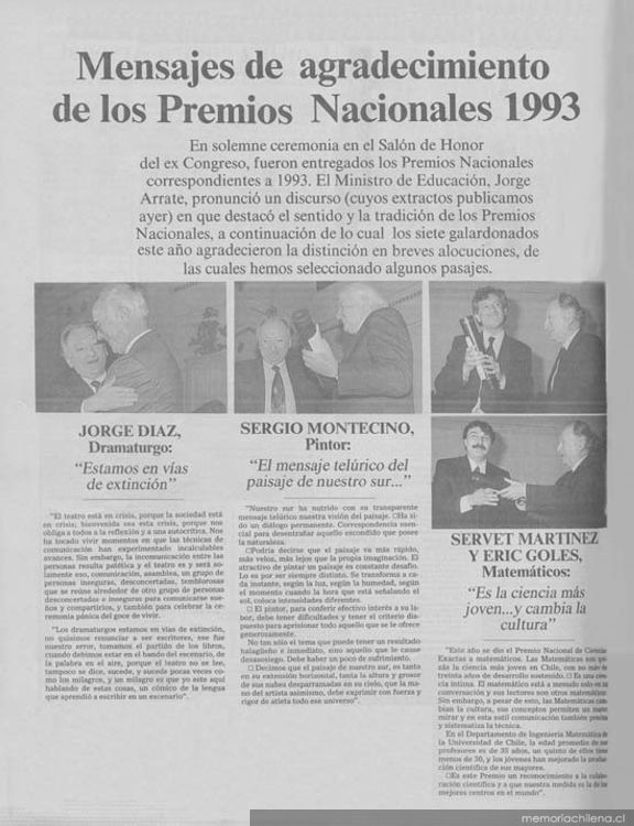 Mensajes de agradecimiento de los Premios Nacionales 1993