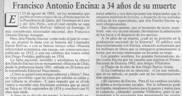 Francisco Antonio Encina, a 34 años de su muerte