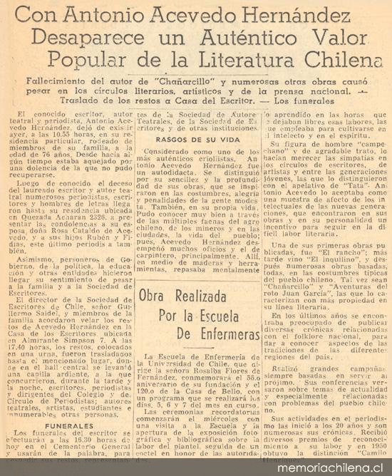 Con Antonio Acevedo Hernández desaparece un auténtico valor popular de la literatura chilena