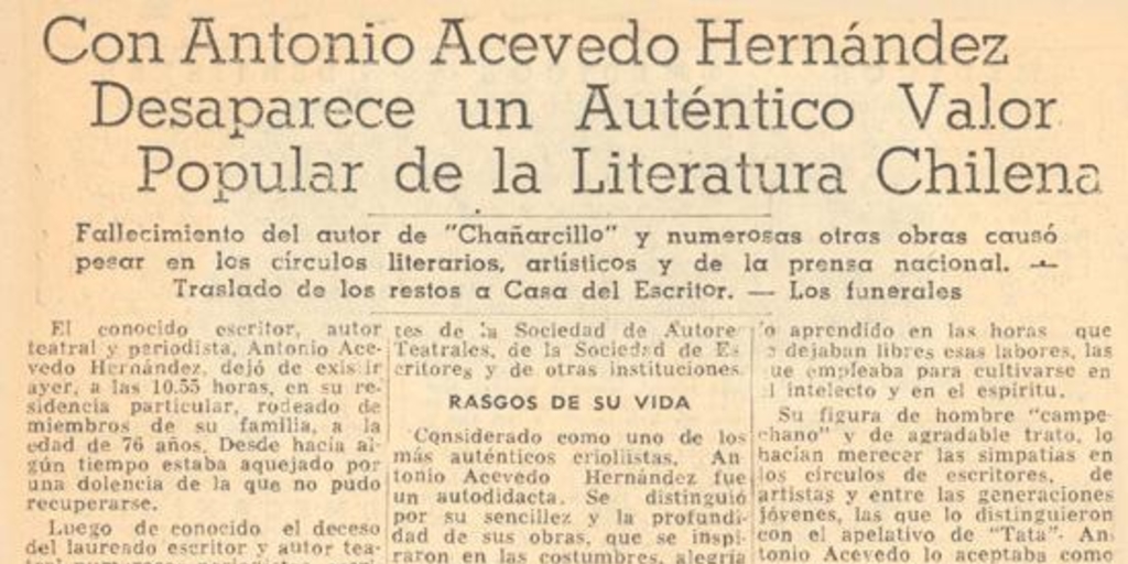 Con Antonio Acevedo Hernández desaparece un auténtico valor popular de la literatura chilena