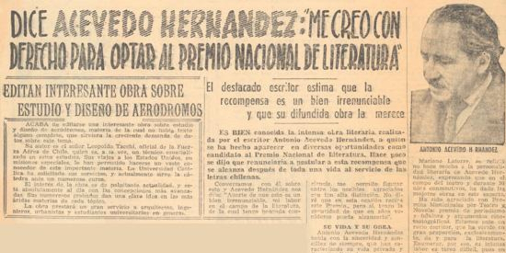 Dice Acevedo Hernández : "Me creo con derecho para optar al Premio Nacional de Literatura"