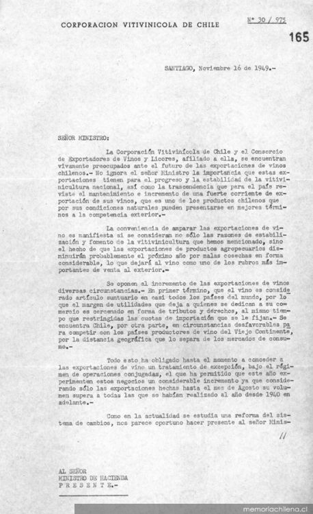 [Carta] No. 30/975, 1949 Nov. 16, Santiago, al señor Ministro de Hacienda [manuscrito]