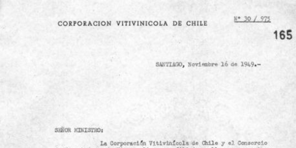 [Carta] No. 30/975, 1949 Nov. 16, Santiago, al señor Ministro de Hacienda [manuscrito]