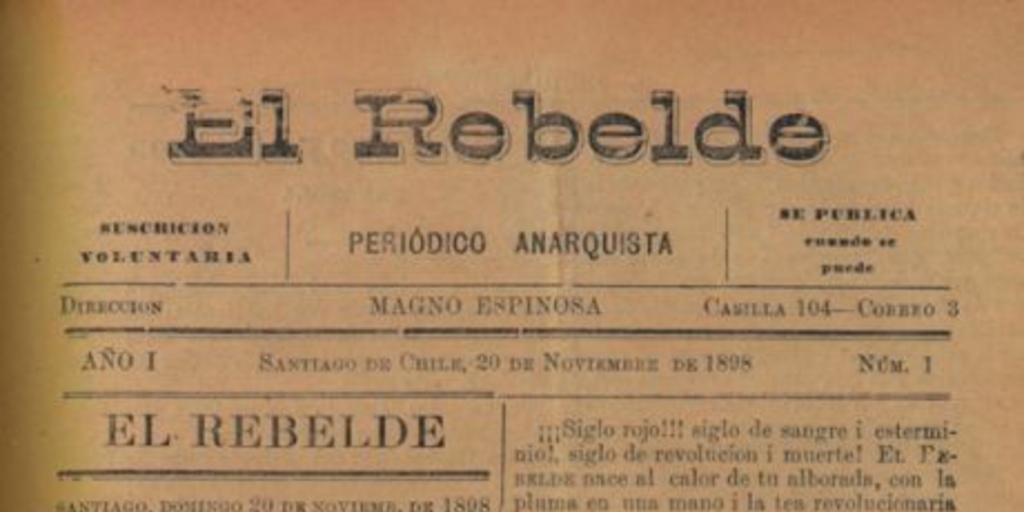 El Rebelde : diario anarquista : año 1, n° 1, 20 de noviembre de 1898