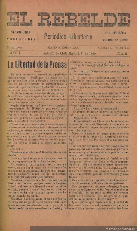 El Rebelde : periódico libertario : año 1, n° 2, 1 de mayo de 1899