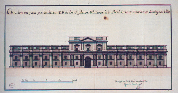 Elevación que pasa por la línea C D de los 3 planos relativos a la Real Casa de Moneda de Santiago de Chile, 1800