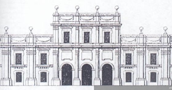 Reconstrucción ideal de la fachada principal del Cabildo de Santiago, de acuerdo a los planos originales de Joaquín Toesca