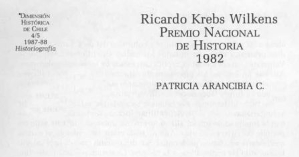 Ricardo Krebs Wilckens, Premio Nacional de Historia 1982