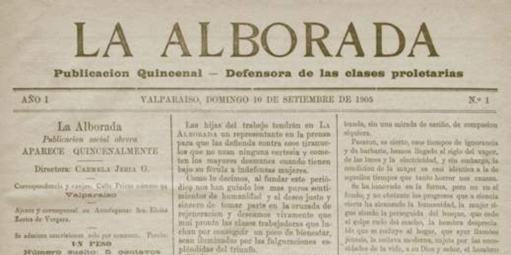 La Alborada : Año I, N° 1, 10 de septiembre de 1905