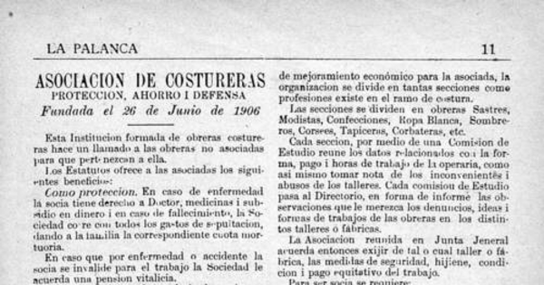 Asociación de Costureras. Protección, ahorro i defensa : Fundada el 26 de junio de 1906