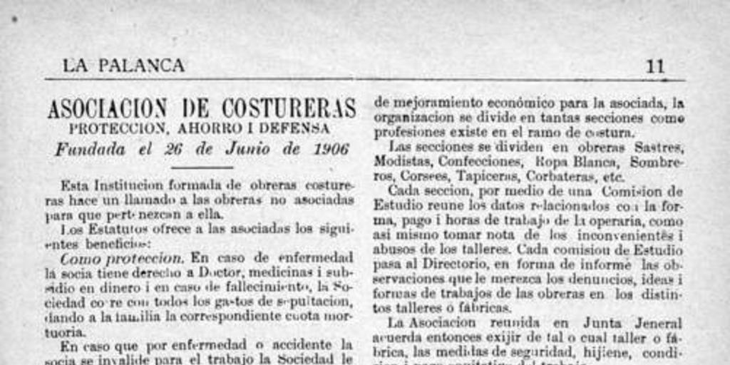 Asociación de Costureras. Protección, ahorro i defensa : Fundada el 26 de junio de 1906