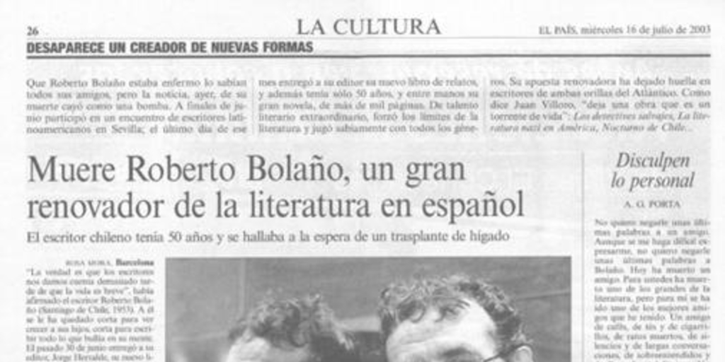 Muere Roberto Bolaño, un gran renovador de la literatura en español