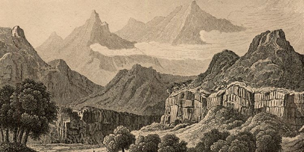 Comerciantes conduciendo recuas de mulas en la Cordillera de Antuco, hacia 1850
