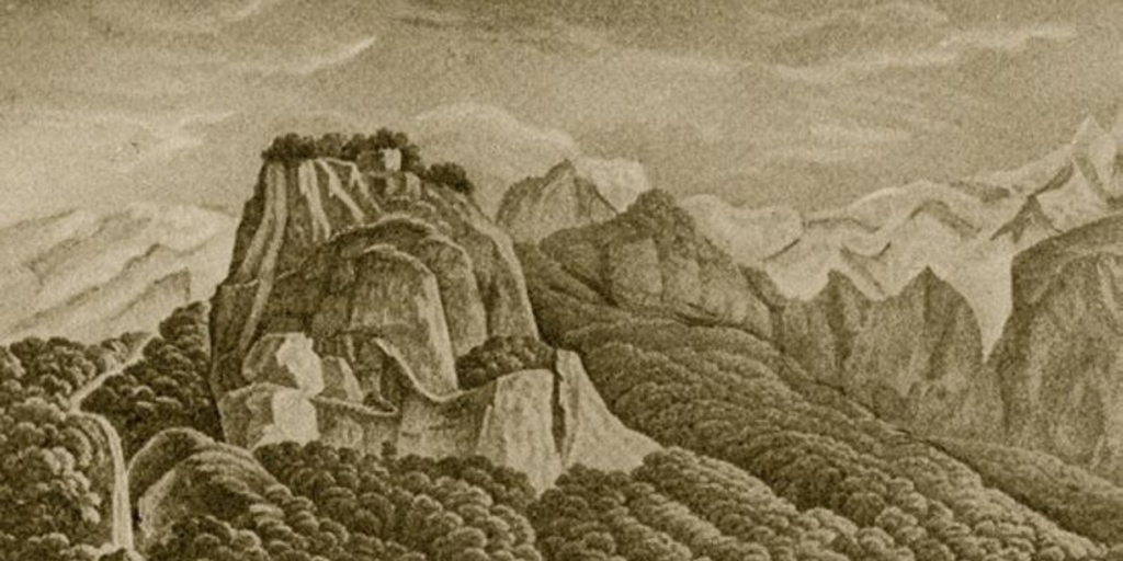 Panorama de la Sierra Velluda en territorio pehuenche, hacia 1840