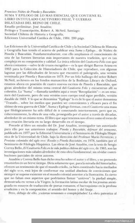 Francisco Núñez de Pineda y Bascuñán, "Suma y epílogo de lo más esencial que contiene el libro intitulado Cautiverio feliz, y guerras dilatadas del Reino de Chile"