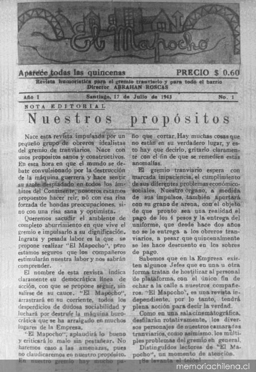 El Mapocho: revista humorística para el gremio tranviario y para todo el barrio : año 1-3, n° 1-3, 17 de julio-2 de septiembre 1943