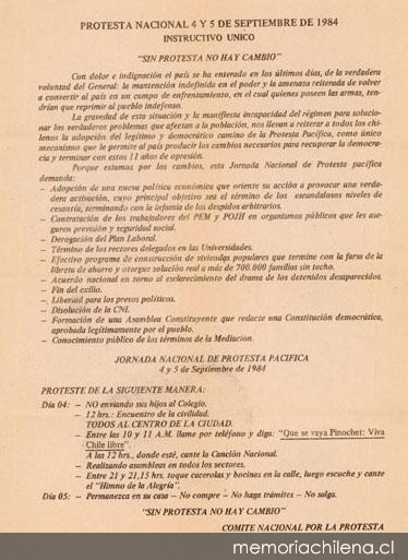 Protesta nacional, 4 y 5 de septiembre de 1984 : instructivo único