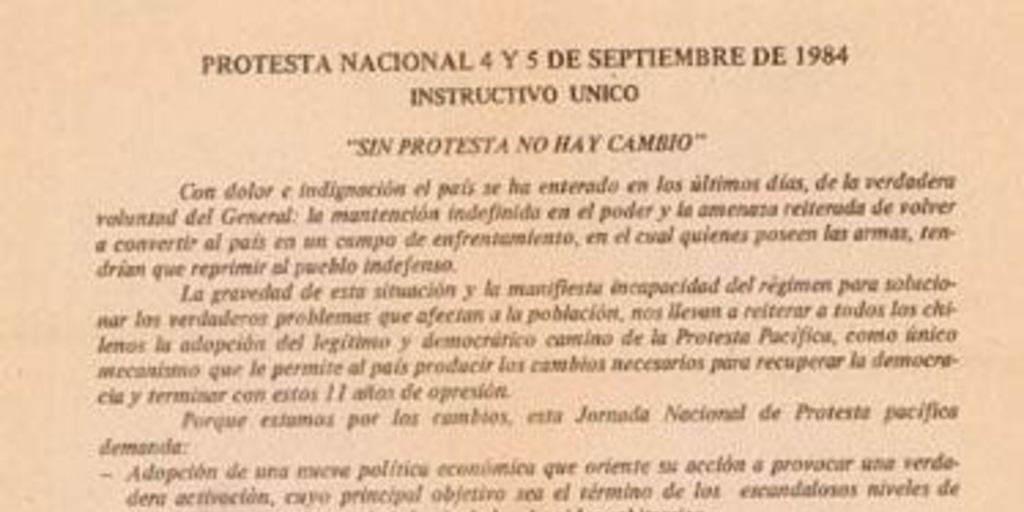 Protesta nacional, 4 y 5 de septiembre de 1984 : instructivo único