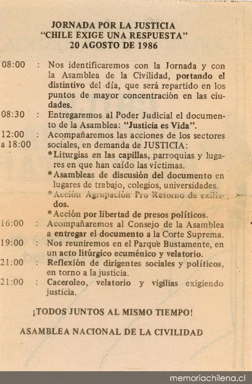 Jornada por la justicia : Chile exige una respuesta, 20 de agosto 1986