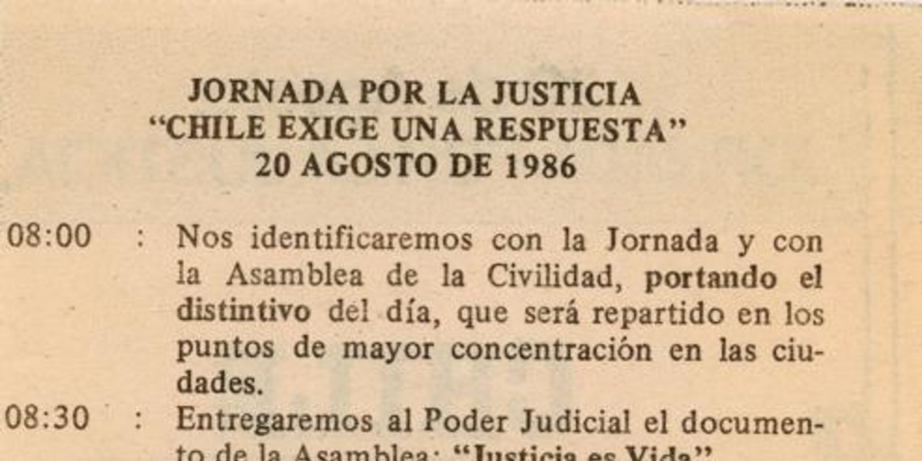 Jornada por la justicia : Chile exige una respuesta, 20 de agosto 1986