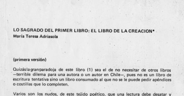 Lo sagrado del primer libro, el libro de la creación