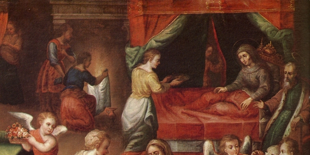 "La Natividad", serie Vida de la Virgen, Monasterio del Carmen de San José, Santiago, anónimo, siglo XVII, cuzqueña, óleo sobre tela, lienzo 38, 0,77cm - 0,995m.