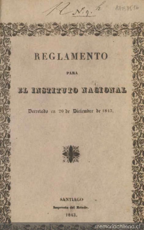 Reglamento para el Instituto Nacional : decretado el 20 de diciembre de 1843