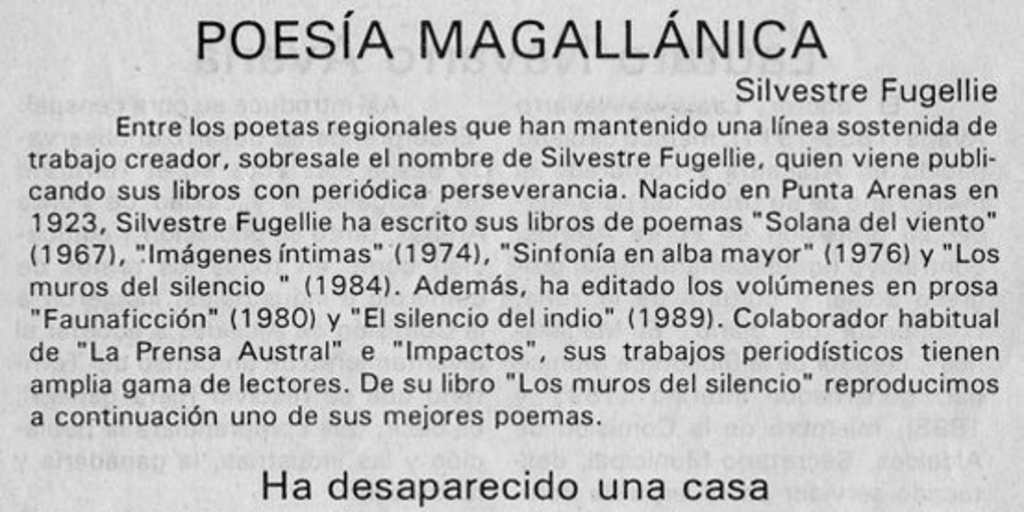 Poesía magallánica : Silvestre Fugellie