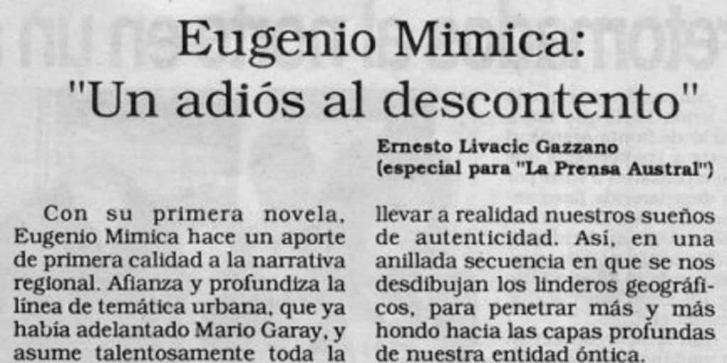 Eugenio Mimica : Un adiós al descontento