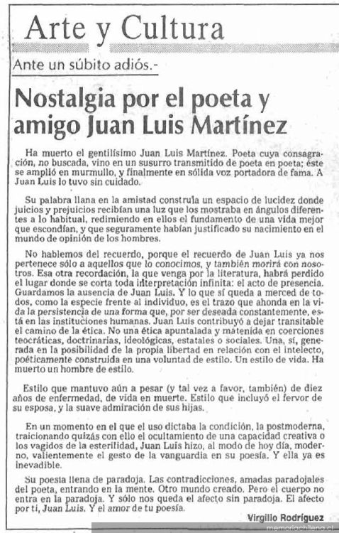 Nostalgia por el poeta y amigo Juan Luis Martínez