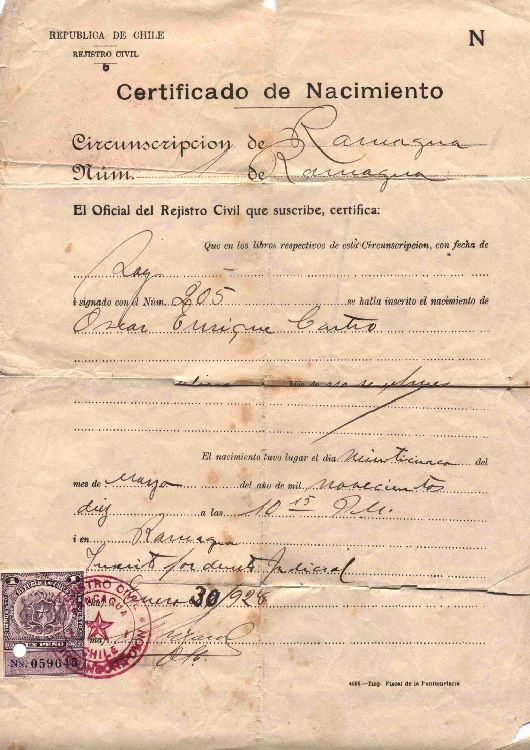 [Certificado de Nacimiento] 1928 ene. 30 [de] Oscar Castro : [manuscrito]