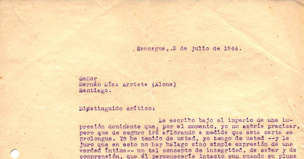 [Carta], 1944 jul. 2 Rancagua, Chile <a> Hernán Díaz Arrieta (Alone) [manuscrito]