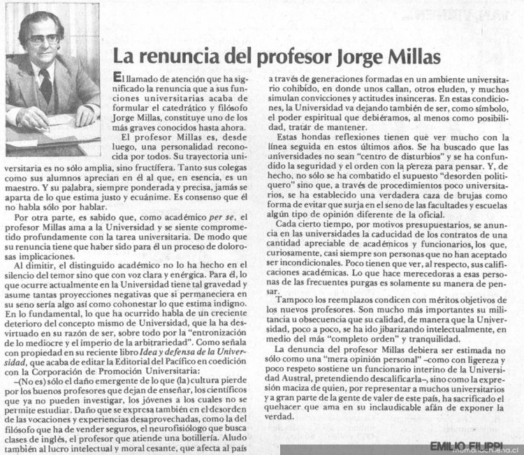 La renuncia del profesor Jorge Millas