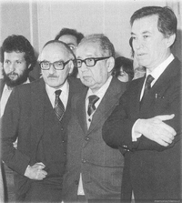 Hernán Millas con Juan Hamilton, Bernardo Leighton y Francisco Aylwin, ca. 1975