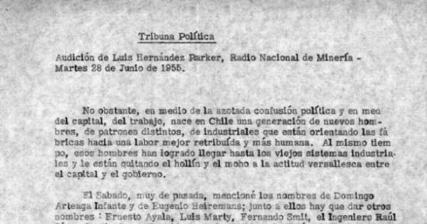 Tribuna Política [manuscrito]: Audición de Luis Hernández Parker, Radio Nacional de Minería