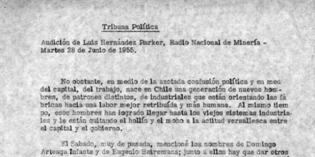 Tribuna Política [manuscrito]: Audición de Luis Hernández Parker, Radio Nacional de Minería