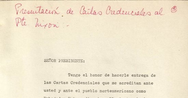 Cartas Credenciales de Orlando Letelier, embajador de Chile ante el Gobierno de los Estados Unidos de Norteamérica, 1971
