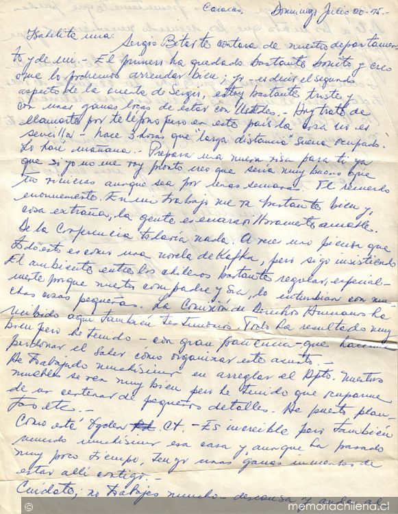 Carta de Orlando Letelier a Isabel Morel, 20 de julio de 1975