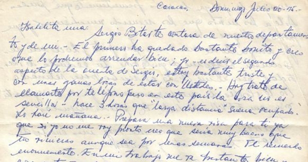 Carta de Orlando Letelier a Isabel Morel, 20 de julio de 1975