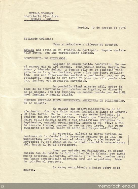 Carta de Clodomiro Almeyda a Orlando Letelier, 10 de agosto de 1976