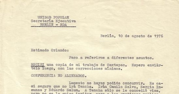Carta de Clodomiro Almeyda a Orlando Letelier, 10 de agosto de 1976