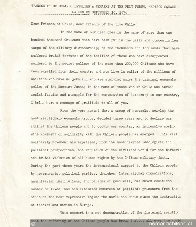 Transcript of Orlando Letelier's remarks at the felt forum, Madison Square Garden on september 10, 1976
