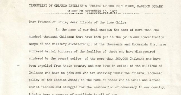 Transcript of Orlando Letelier's remarks at the felt forum, Madison Square Garden on september 10, 1976