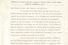 Transcript of Orlando Letelier's remarks at the felt forum, Madison Square Garden on september 10, 1976