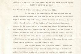 Transcript of Orlando Letelier's remarks at the felt forum, Madison Square Garden on september 10, 1976